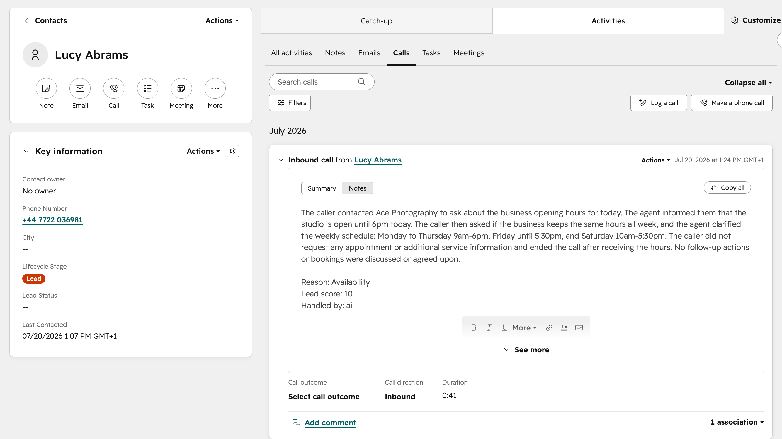 Cyberstaffで着信した発信者と照合されたHubSpotの連絡先レコード