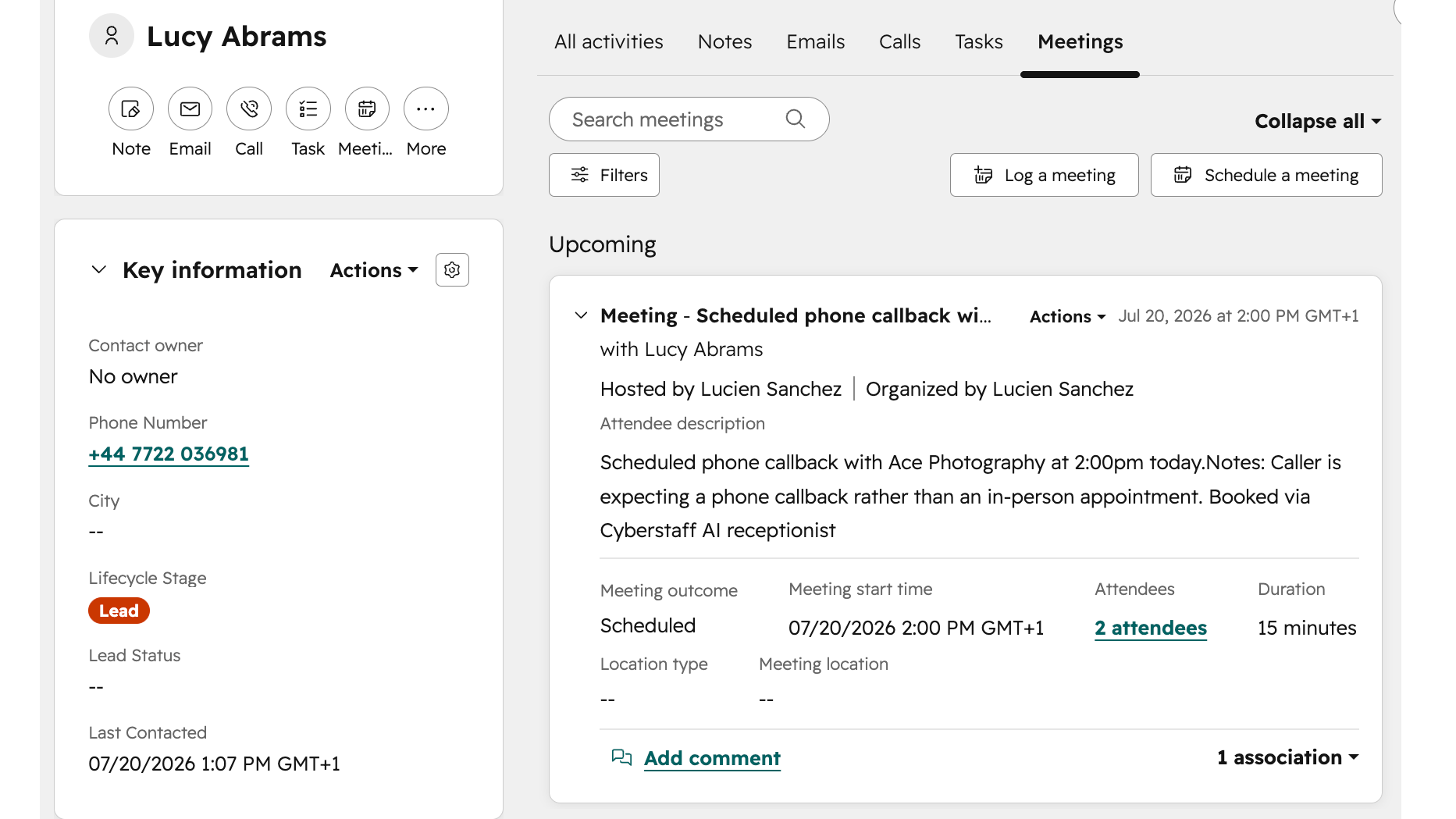 HubSpotの連絡先のタイムライン上で、確定したアポイントメントが「ミーティング」として表示される